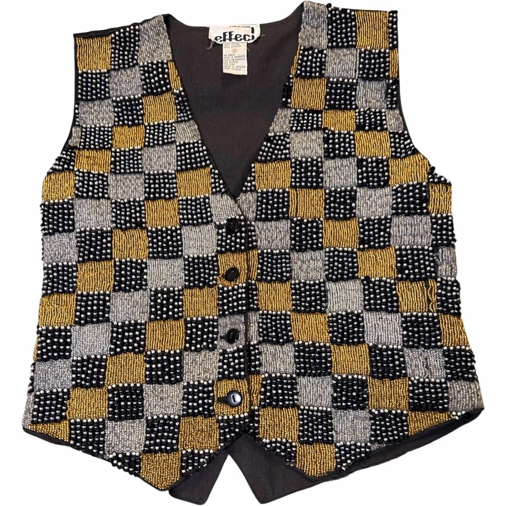 Vintage Effeci Beaded Vest‎ Black Gold Silver Checkerboard 80s Glam S